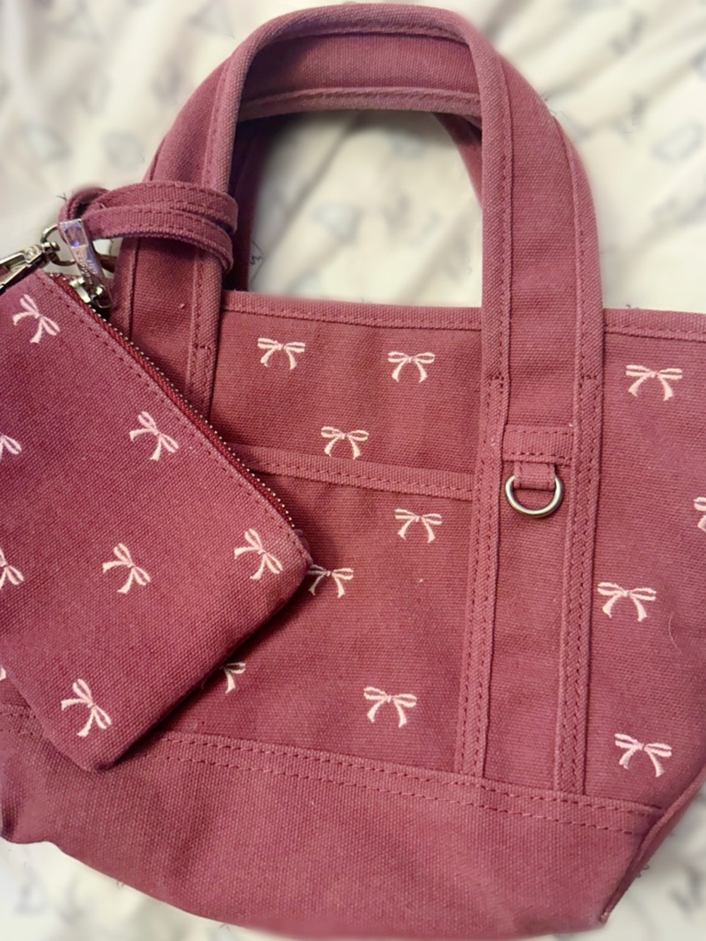 Madden Girl Mauve Canvas Tote with Bow Print and Pouch